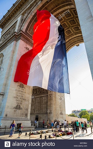 frankreich-paris-die-franzosische-flagge-unter-dem-arc-de-triomphe-m3y8mj